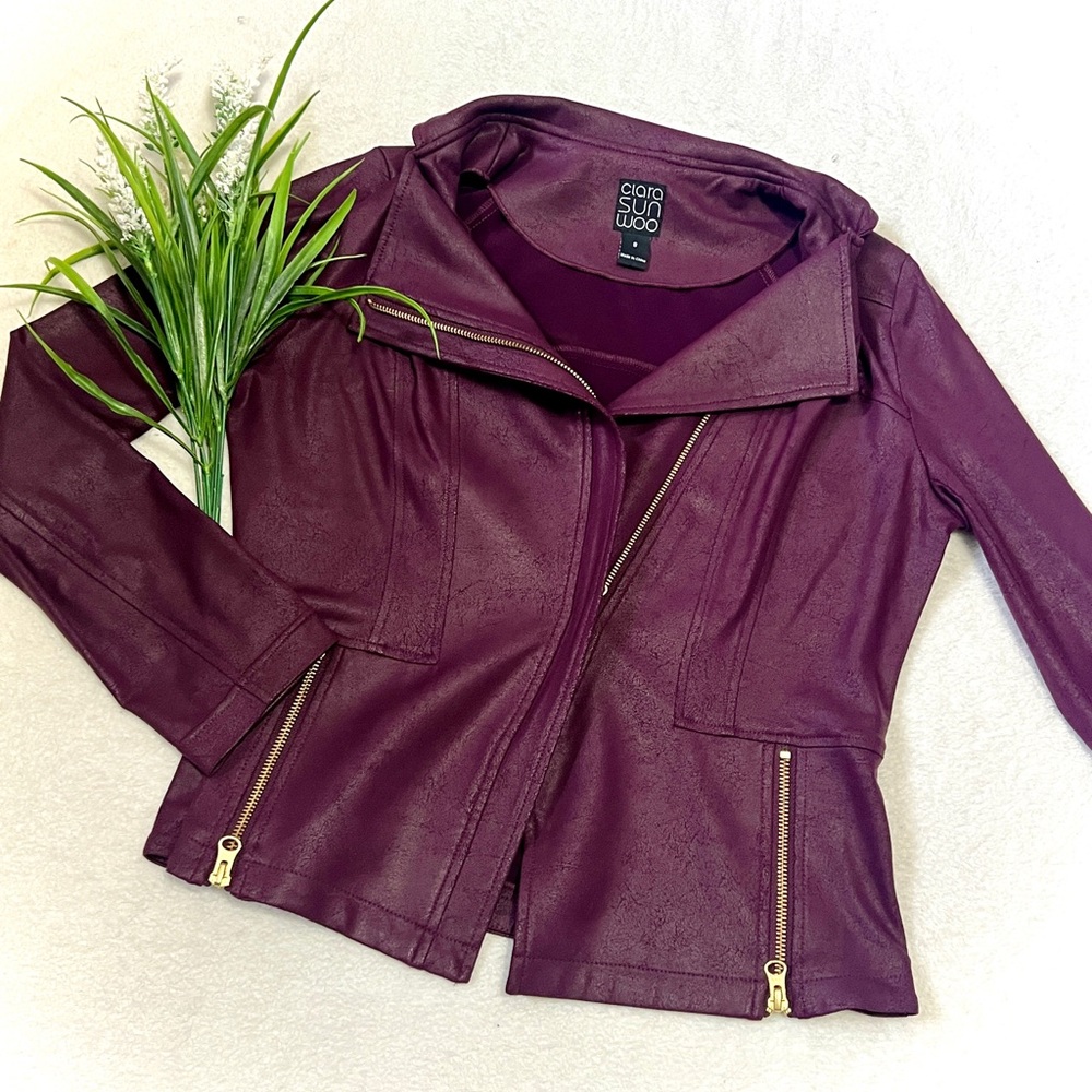Clara Sun Woo Eggplant Asymmetrical Liquid Leather Jacket - Small